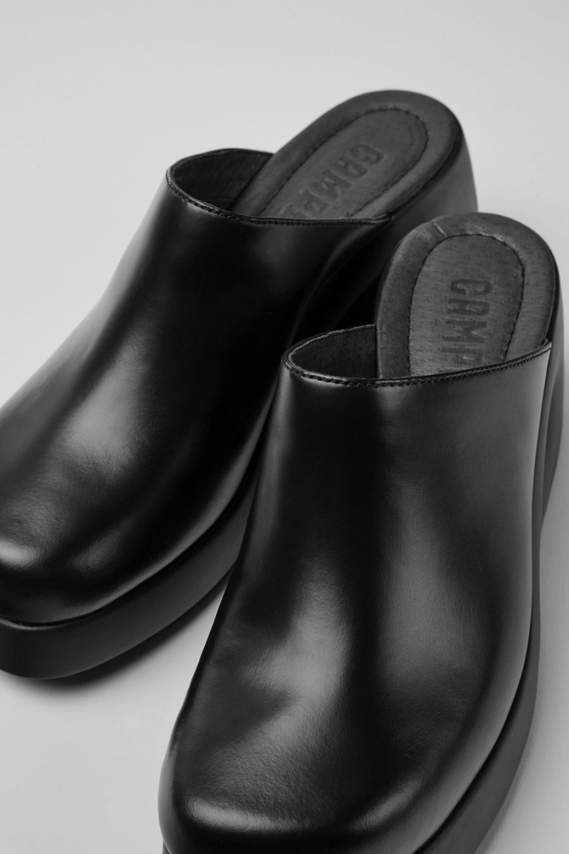 Pantuflas Camper Kaah Cuero Clogs Mujer Negras | ORZUK-6413