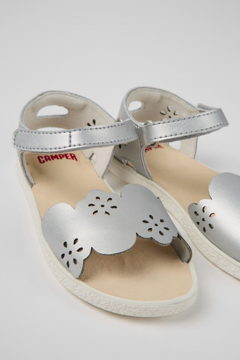 Sandalias Camper Miko Cuero Niña Plateadas | XRUGD-6714