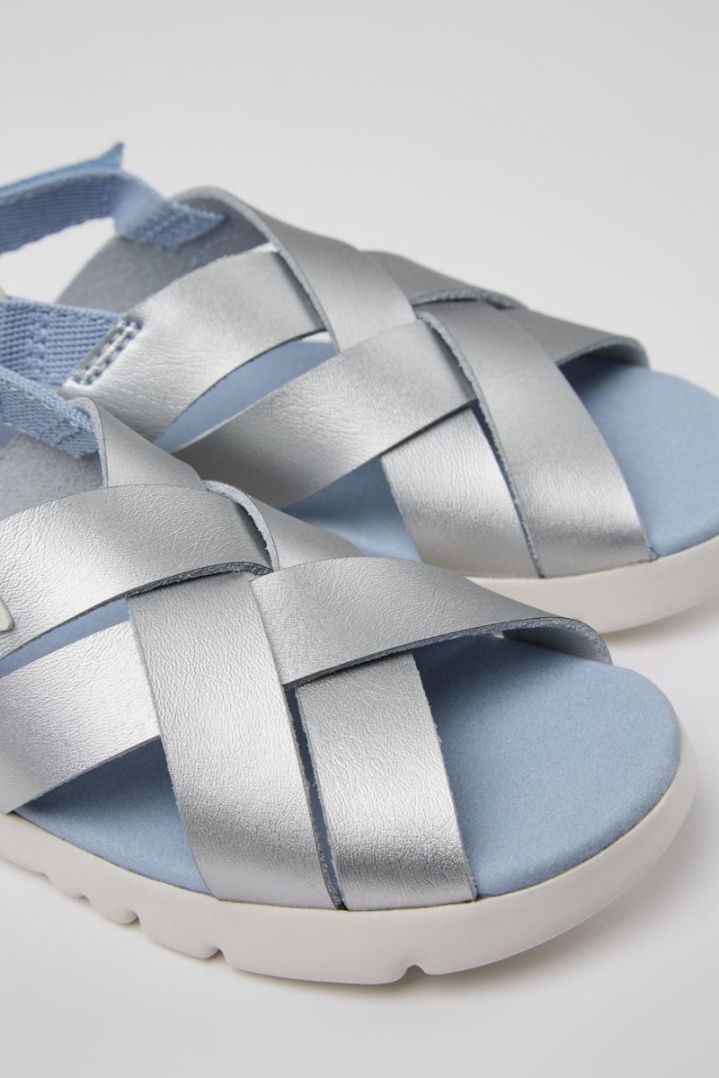 Sandalias Camper Oruga Cuero Niña Plateadas | XGFUN-3859