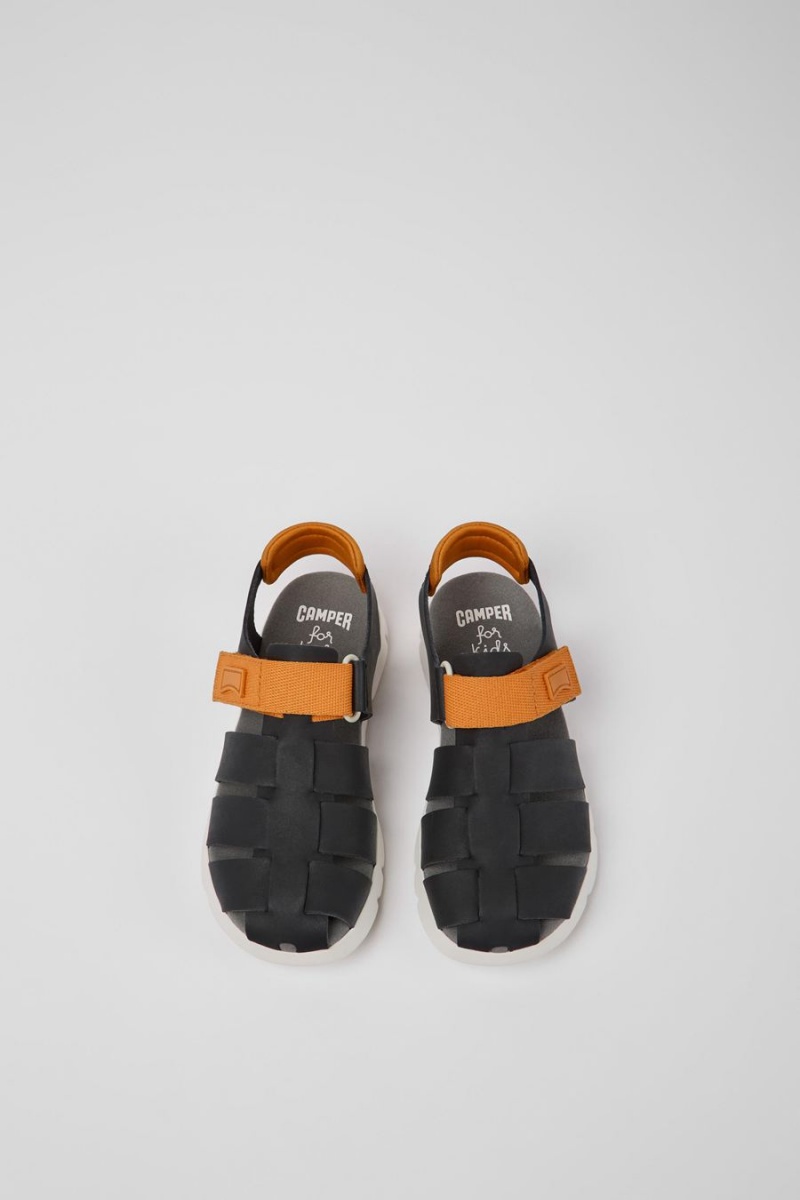 Sandalias Camper Oruga Cuero Niño Negras | AUBYK-6914